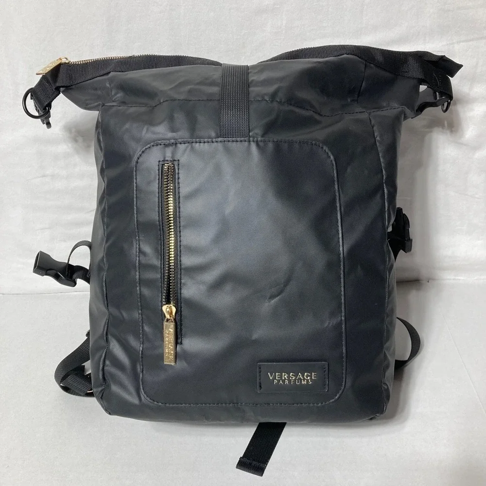 Versace Parfums Black Backpack Tote Bag Gold Greek Key Straps